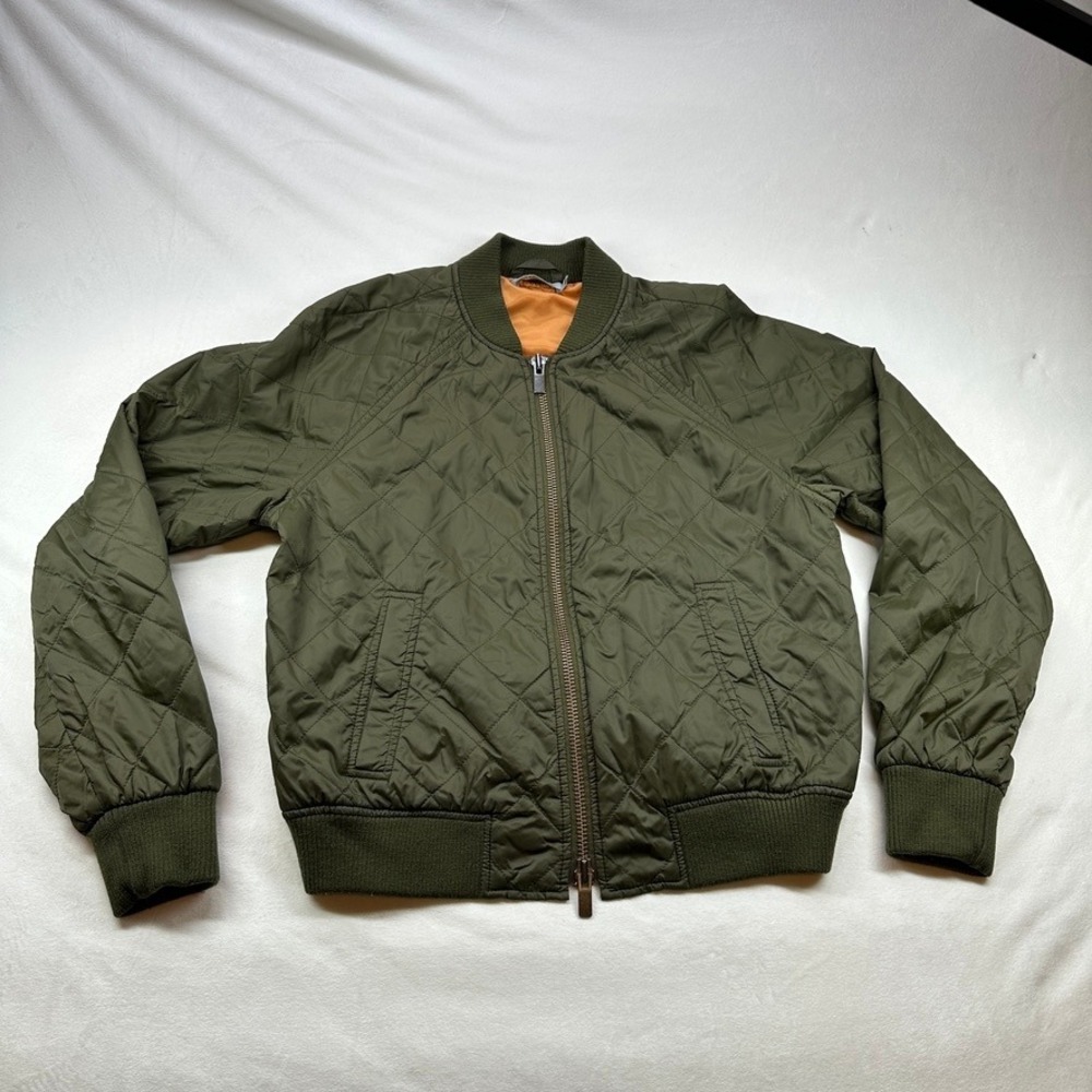 Vince Quilted Bomber Jacket Green Quilted Zip Up Front Ribbed Cuffs Size S